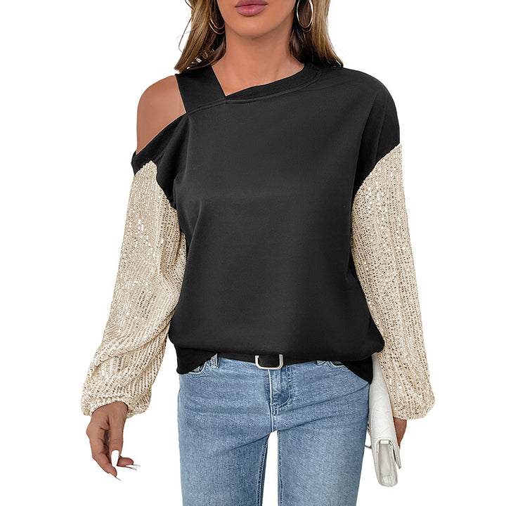 Damen Asymmetrisches Sweatshirt mit Schulterauschnitt und Paillettenstrickärmeln Drune