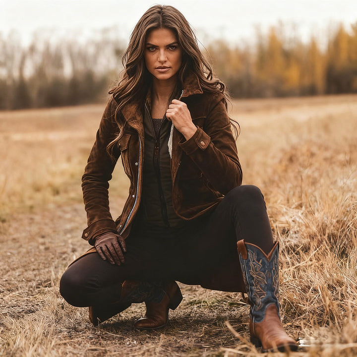 Damen Langjacke aus Veloursleder mit Utility-Taschen und verdecktem Reißverschluss Drune