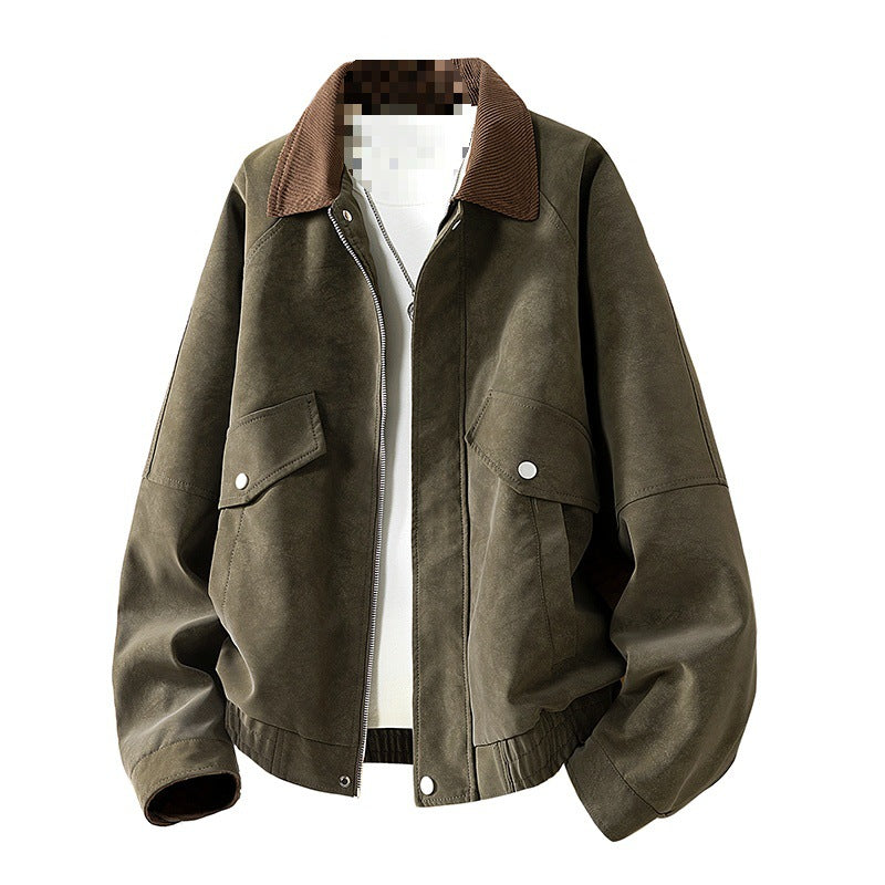 Herren Oversize Utility-Bomberjacke aus Kunstleder mit geripptem Saum und Hemdkragen Drune