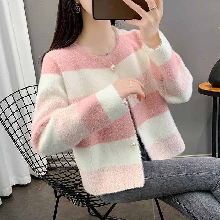 Damen Flauschiger Grobstrick-Cardigan mit Perlenknöpfen Drune