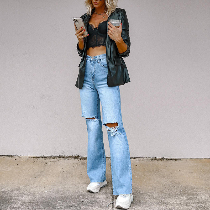 Damen lässige Hochtaillierte Schlagjeans mit Destroyed-Details Drune