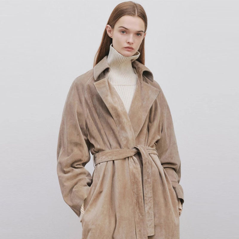 Damen Eleganter und modischer Trenchcoat aus hochwertigem Wildleder Drune