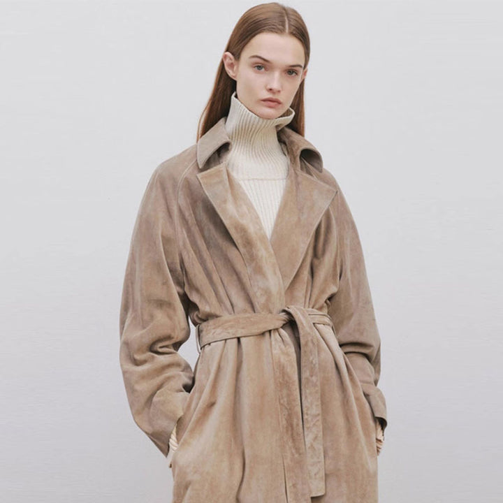 Damen Eleganter und modischer Trenchcoat aus hochwertigem Wildleder Drune