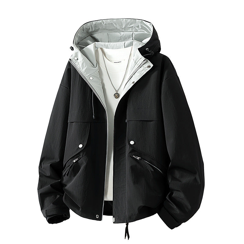 Unisex leichte windabweisende Übergangsjacke mit verstellbarer Kapuze, Kordelzug und Reißverschlusstaschen Drune