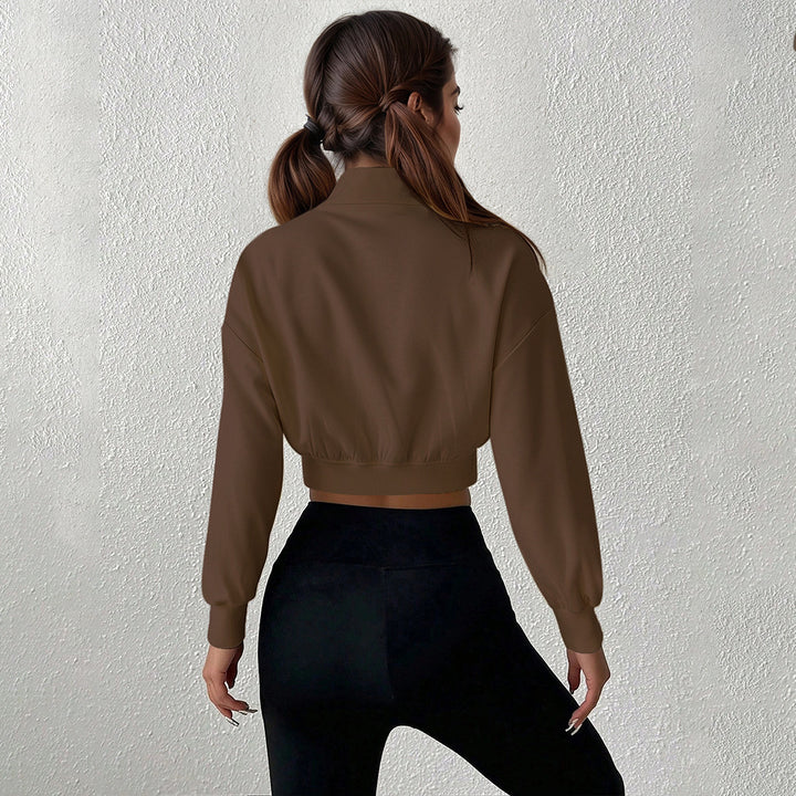 Damen kurzes Stehkragen-Sweatshirt mit halbem Reißverschluss, tailliertem Rippenbund und Daumenloch-Ärmeln Drune