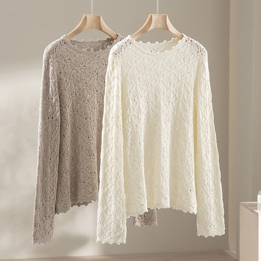 Damen Feines Häkel-Longsleeve mit floraler Lochmuster-Struktur und legerer Silhouette Drune