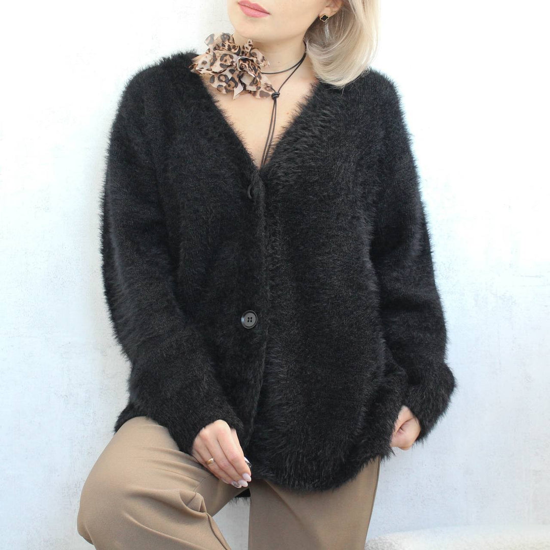 Damen Flauschige Mohair-Optik Strickjacke mit V-Ausschnitt und Oversize-Schnitt Drune