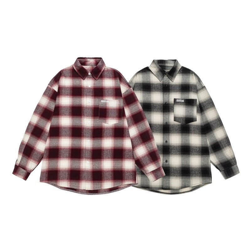 Unisex Karo-Flanell-Hemdjacke im Oversize-Kastenschnitt mit abgerundetem Saum Drune