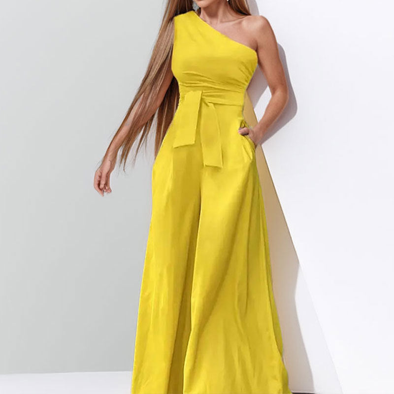 Damen Eleganter One-Shoulder Jumpsuit mit Taillengürtel und weiten Beinen Drune
