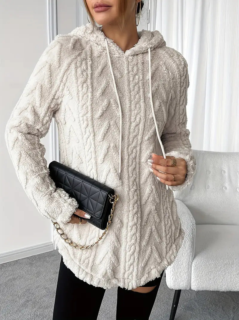 Damen nan kuschelige Kapuzenjacke aus Teddyfleece mit Zopfmuster und gerafftem Saum Drune