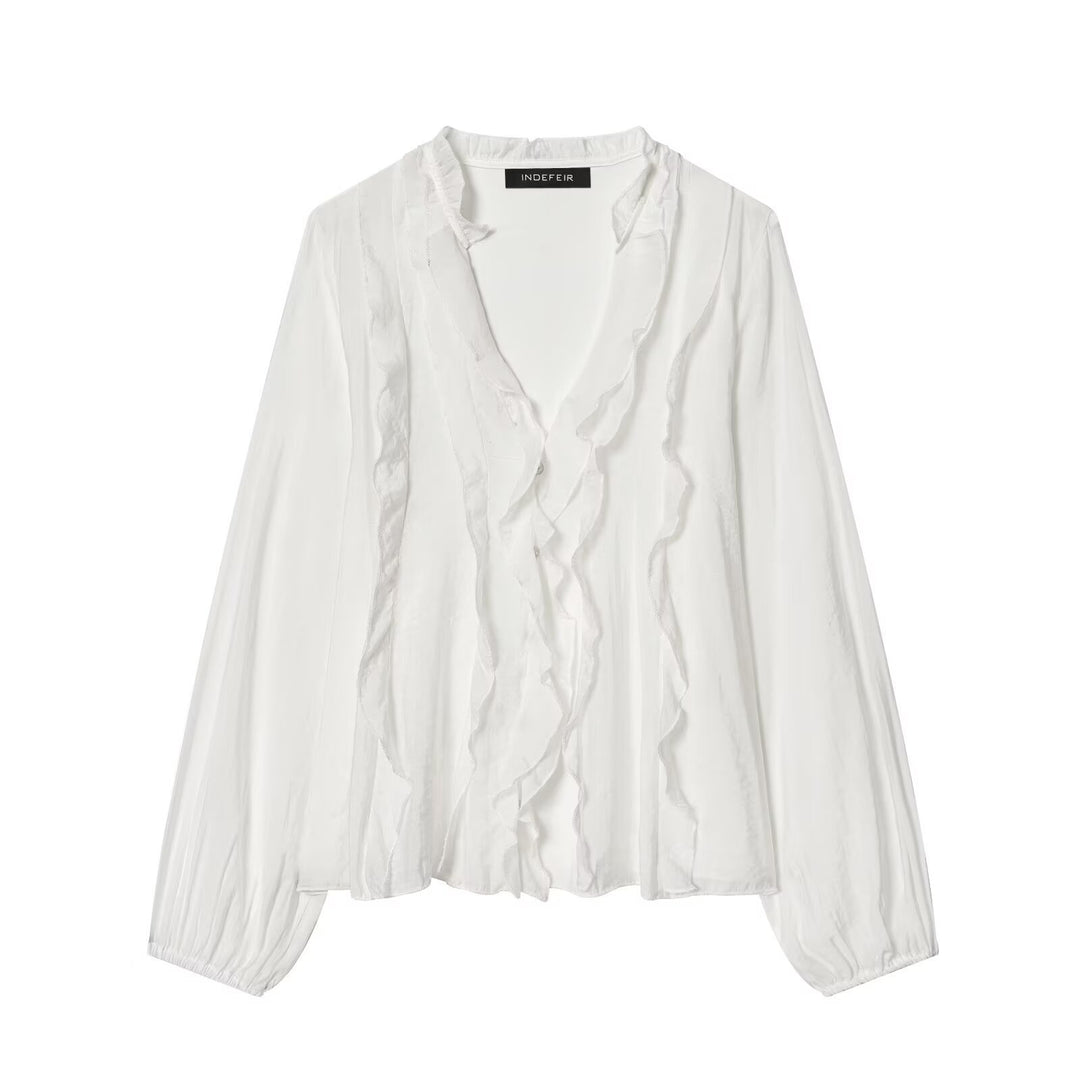 Damen Leichte Chiffon-Bluse mit Volantknopfleiste und Ballonärmeln Drune