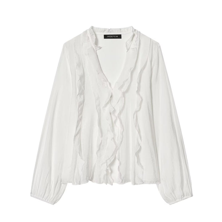 Damen Leichte Chiffon-Bluse mit Volantknopfleiste und Ballonärmeln Drune