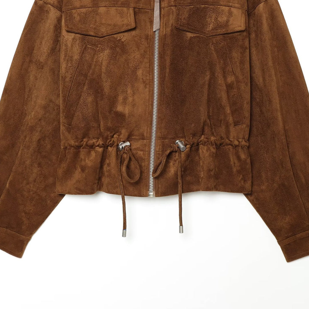 Damen Veloursleder-Optik Bomberjacke mit Tunnelzug und Brustklappen Drune