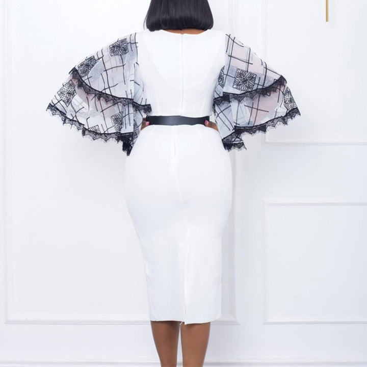 Damen Elegantes Etuikleid mit transparenten Spitzenärmeln und Gürtel Drune