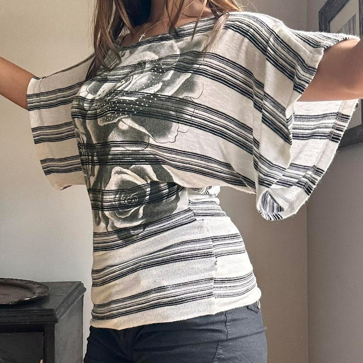 Damen T-Shirt mit floralem Druck und gestreiftem Design Drune