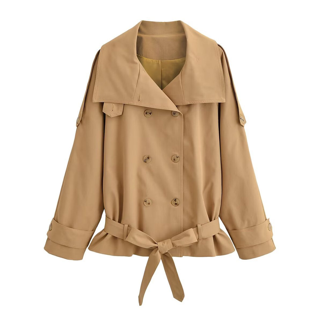 Damen Kurz-Trenchcoat mit doppelreihiger Knopfleiste, Cape‑Yoke und Taillengürtel Drune