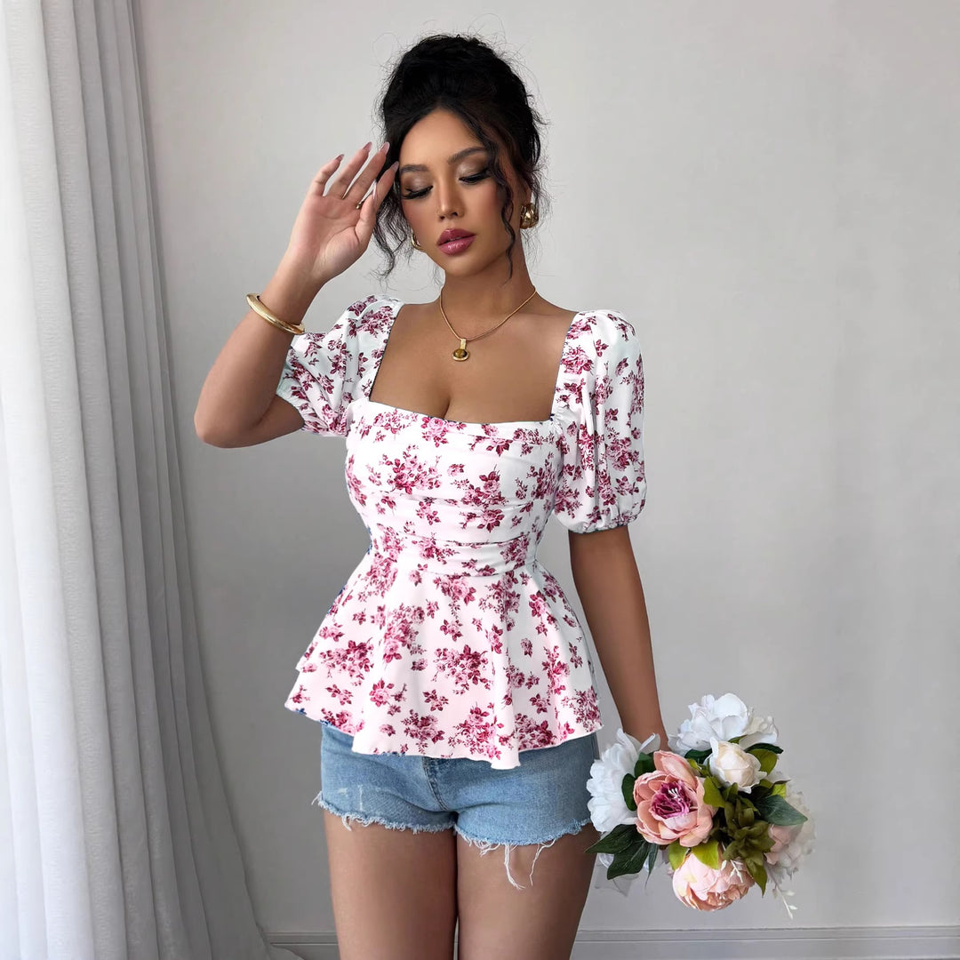 Damen Peplum-Bluse mit Puffärmeln und floralem Design Drune