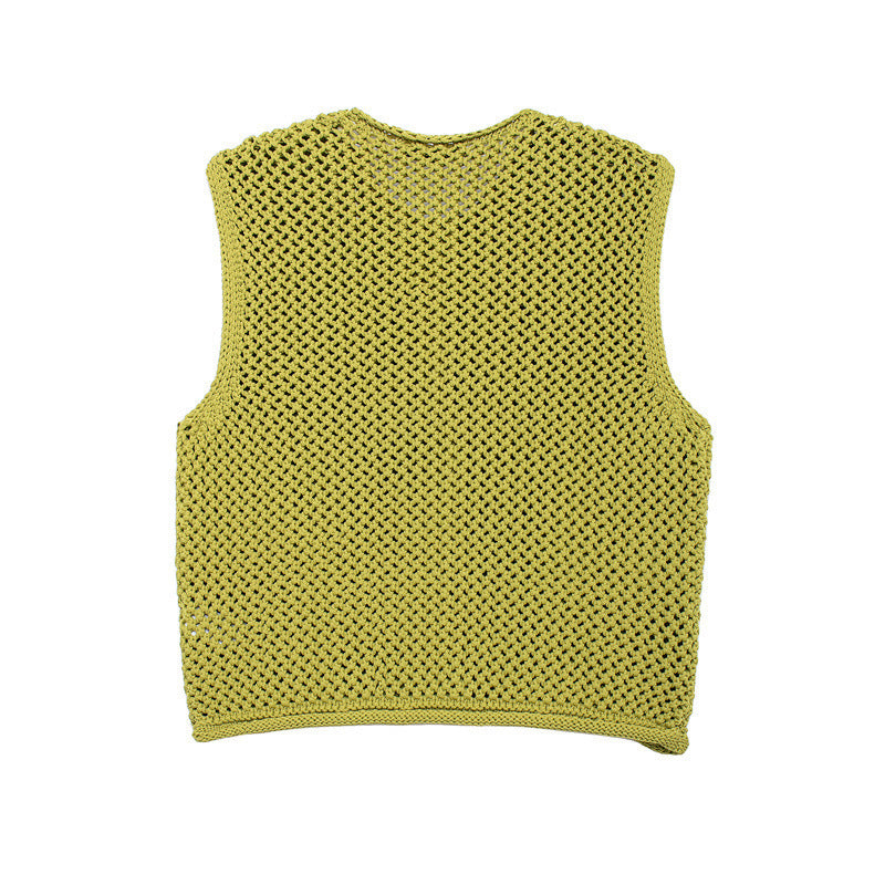 Damen gehäkelte Strickweste mit großen Zierknöpfen und Aufsatztaschen Drune