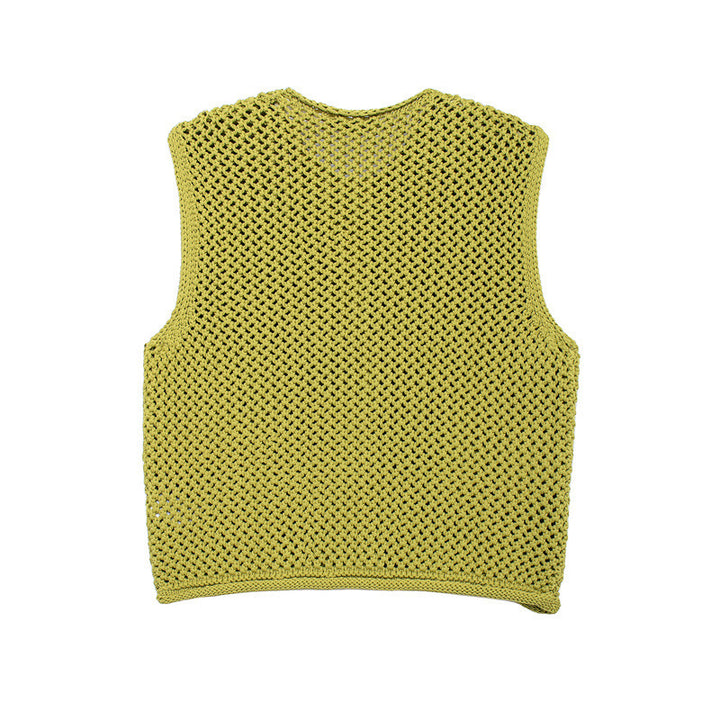 Damen gehäkelte Strickweste mit großen Zierknöpfen und Aufsatztaschen Drune