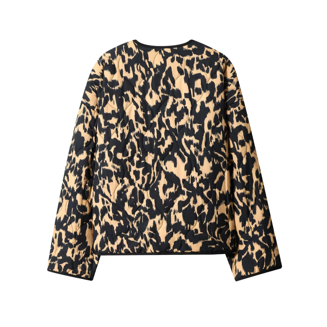 Damen nan gesteppte Kurzjacke mit animalischem Print, Rundhalsausschnitt und Druckknopfleiste Drune
