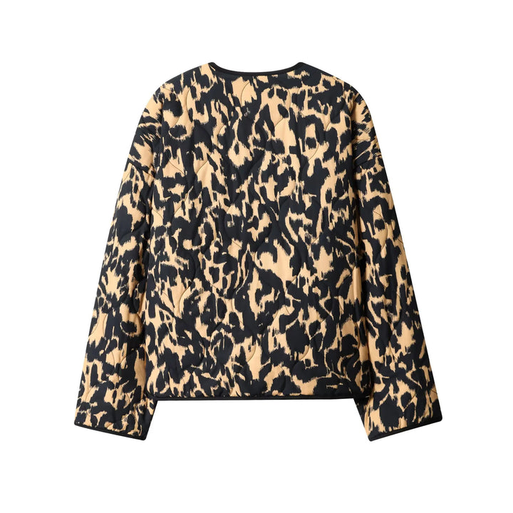 Damen nan gesteppte Kurzjacke mit animalischem Print, Rundhalsausschnitt und Druckknopfleiste Drune