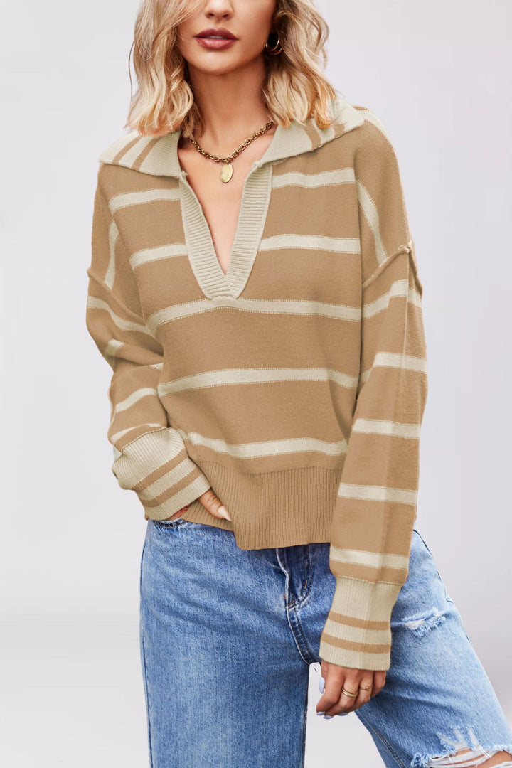 Damen lässiger Pullover mit V-Ausschnitt und breitem Streifenmuster Drune
