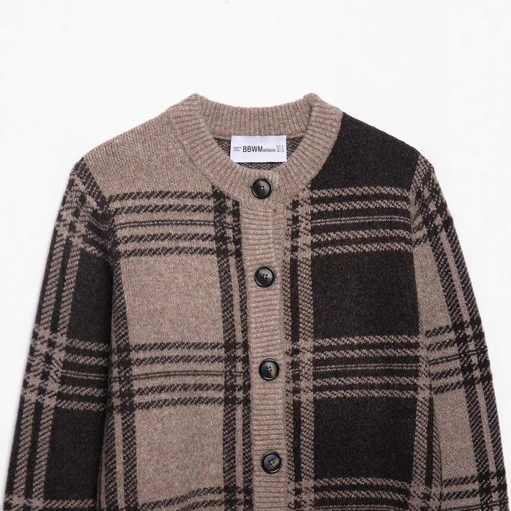 Damen kariertes Strickjacke mit Knopfleiste und weichem Material Drune