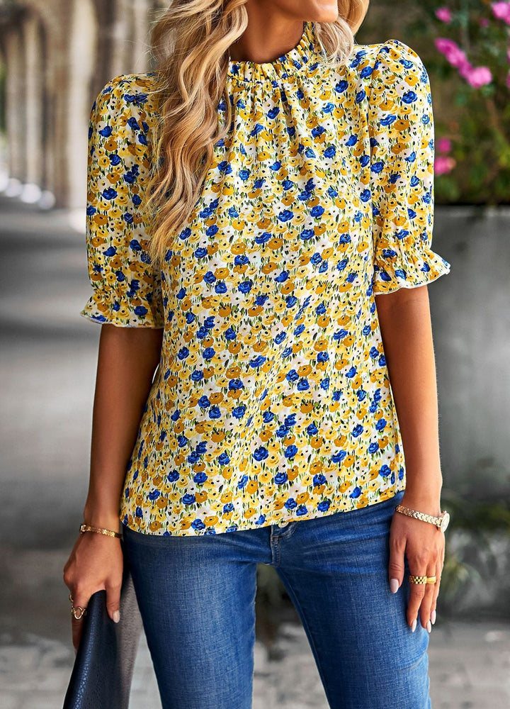 Damen Bluse mit Verspieltem Blumendesign und Puffärmeln Drune