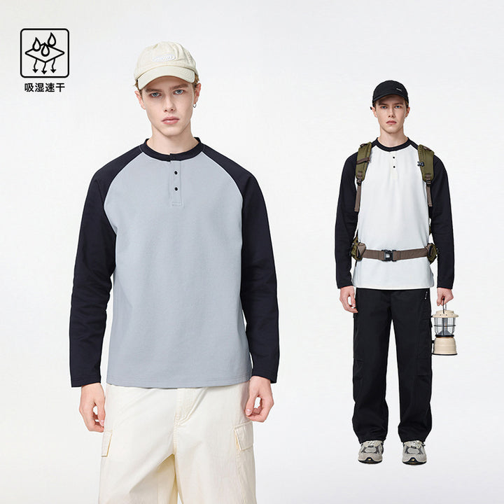 Herren Langarm-Henley-Sweatshirt mit Raglanärmeln, Relaxed-Fit und Knopfleiste Drune