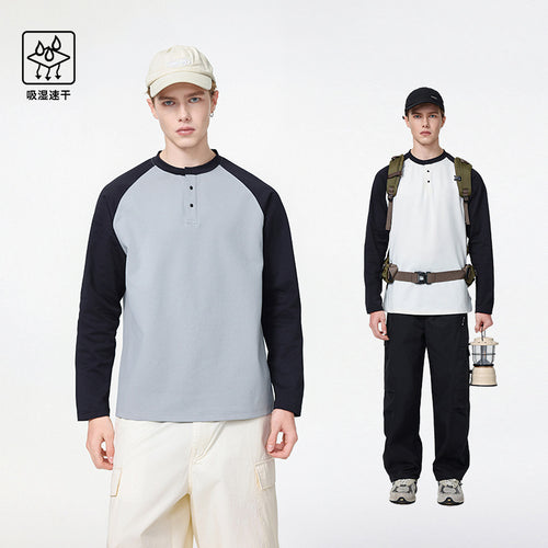 Herren Langarm-Henley-Sweatshirt mit Raglanärmeln, Relaxed-Fit und Knopfleiste Drune