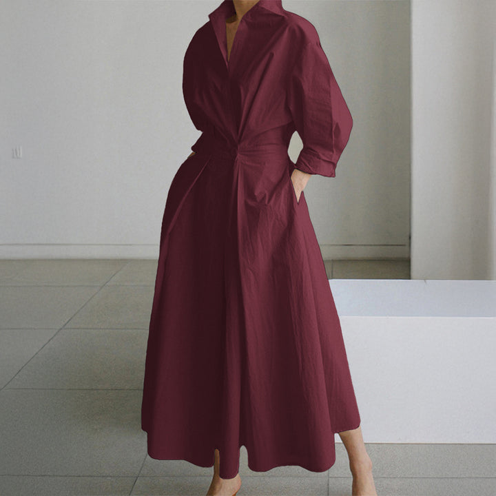 Damen nan tailliertes Hemdblusenkleid mit kastigem Kragen, mittellangen Ärmeln, Seitentaschen und ausgestelltem Tellerrock Drune