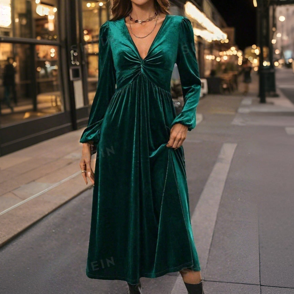 Damen Midikleid aus Samt mit gedrehtem Bustier und schwingendem Tellerrock Drune