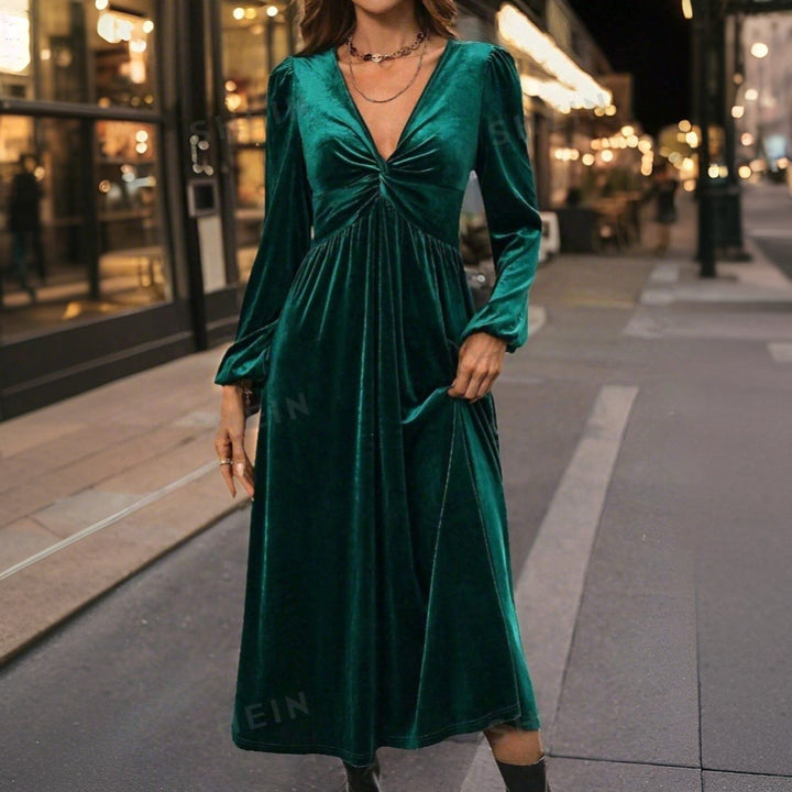 Damen Midikleid aus Samt mit gedrehtem Bustier und schwingendem Tellerrock Drune