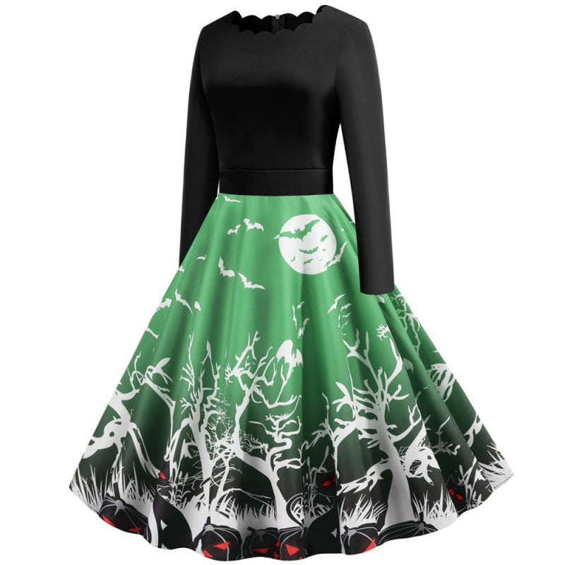Damen Vintage Swingkleid mit gewelltem Ausschnitt, tailliertem Oberteil und Halloween-Print Drune