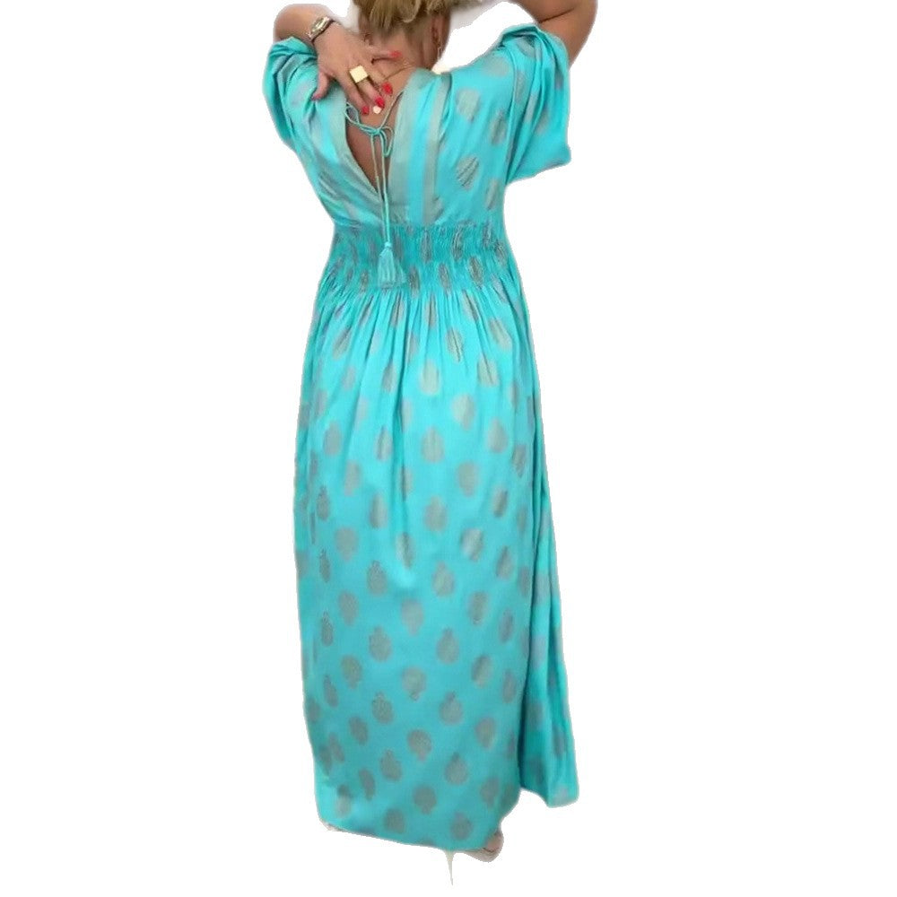 Damen nan gerafftes Maxikleid mit Smok-Taille, Kimonosärmeln und Zierquaste Drune