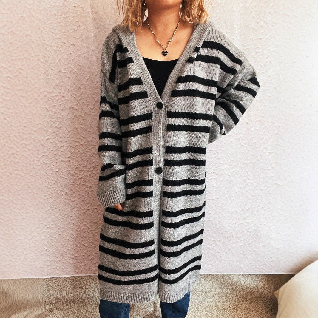 Damen gemütlicher Strickcardigan mit modischem Streifenmuster und Kapuze Drune
