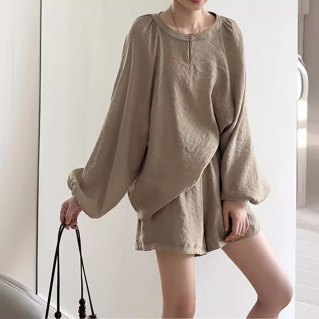 Damen Lockeres Leinen-Set mit Rundhalsausschnitt, Schlitzbluse und weiten Shorts Drune