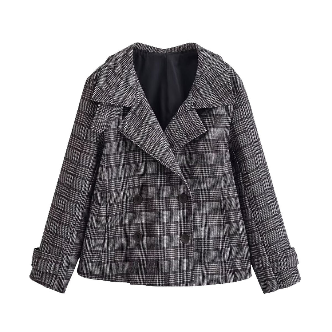 Damen Cropped Doppelreiher-Blazer im Glencheck mit oversized Revers und Umschlagärmeln Drune