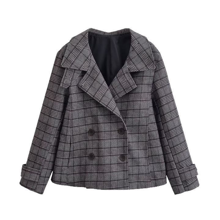 Damen Kurzer Doppelreihiger Glencheck‑Mantel mit weitem Revers Drune