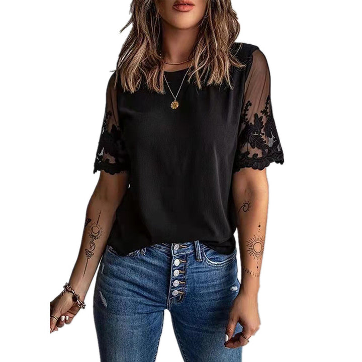 Damen Elegantes T-Shirt mit modischen Spitzenärmeln Drune