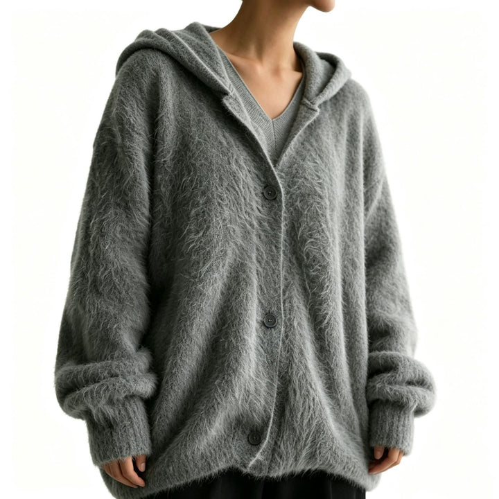 Damen Flauschiger Kapuzen-Cardigan im Mohair-Look mit Knopfleiste Drune