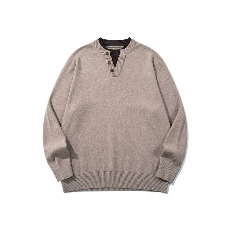 Unisex Strickpullover mit Henley-Knopfleiste, Kontrastkragen und Boxy‑Schnitt Drune