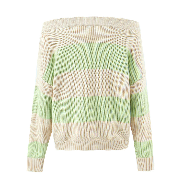 Damen Oversized Off-Shoulder-Pullover mit Carmenkragen, Waffelstrick und Zierbändern Drune
