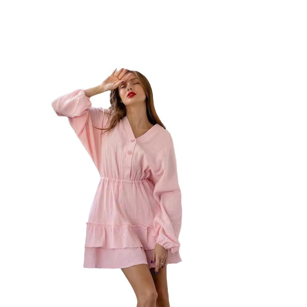 Damen lässiges Babydoll Kleid mit Knopfdetails und voluminösen Ärmeln Drune