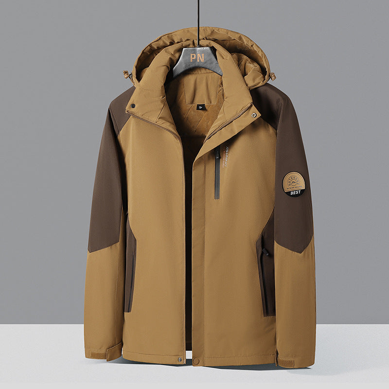 Herren zweifarbige Softshell-Outdoorjacke mit winddichter Membran, verstellbarer Kapuze und verdeckter Brusttasche Drune