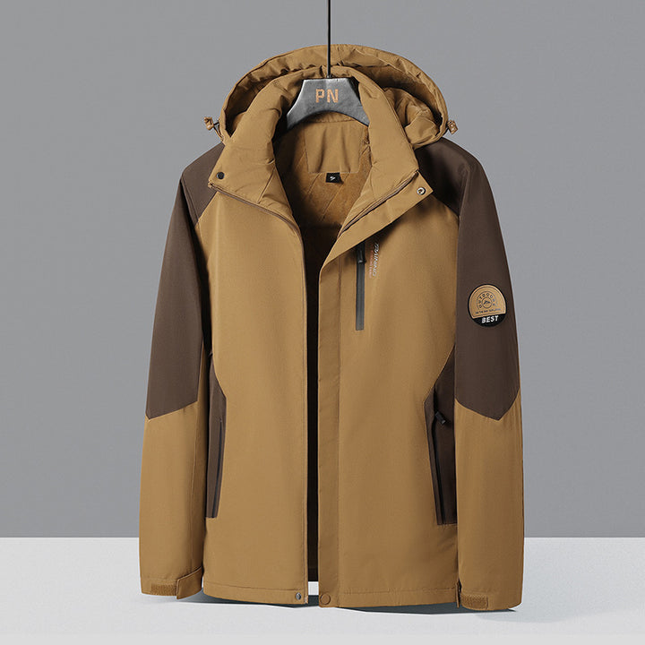 Herren zweifarbige Softshell-Outdoorjacke mit winddichter Membran, verstellbarer Kapuze und verdeckter Brusttasche Drune