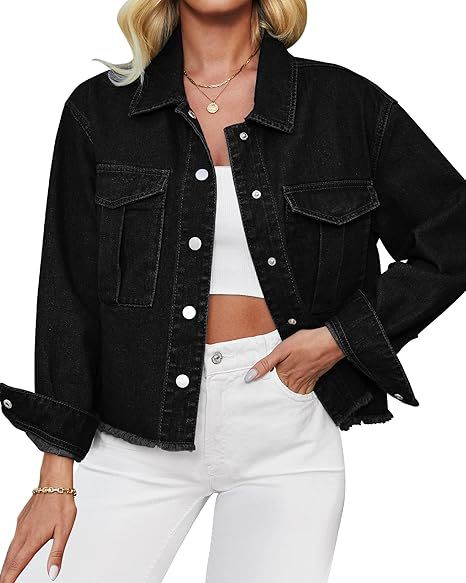 Damen Kurz geschnittene Oversize-Jeansjacke mit rohem Saum und aufgesetzten Brusttaschen Drune