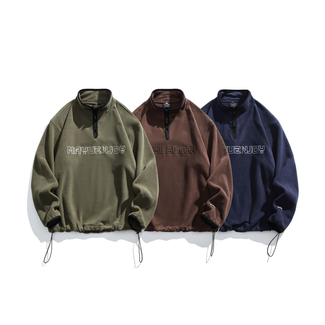Unisex Fleece-Halbzip-Pullover mit Stehkragen, Kordelzug-Bund und Logostick Drune