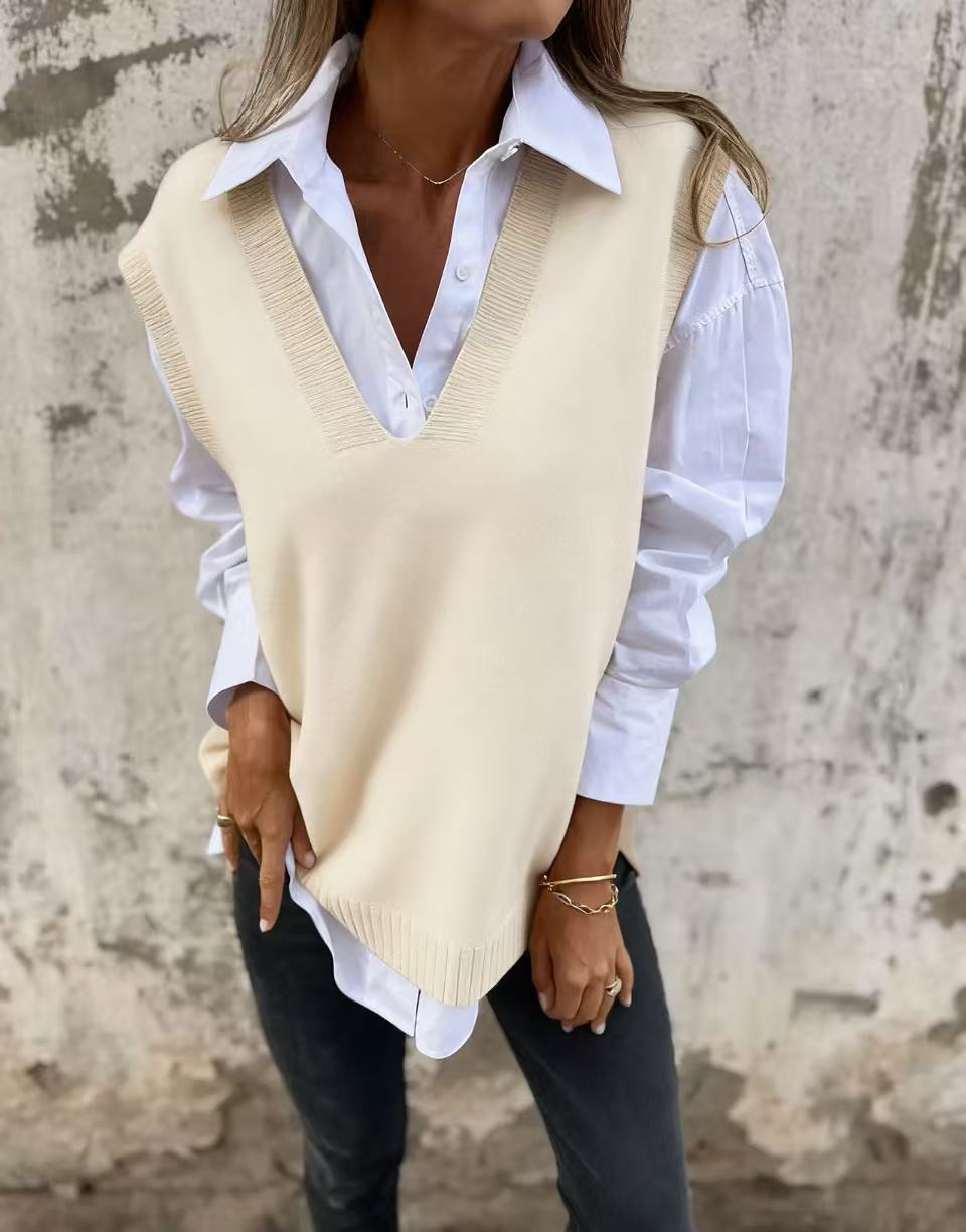 Damen eleganter Strickpullunder mit V-Ausschnitt und feinen Rippdetails Drune