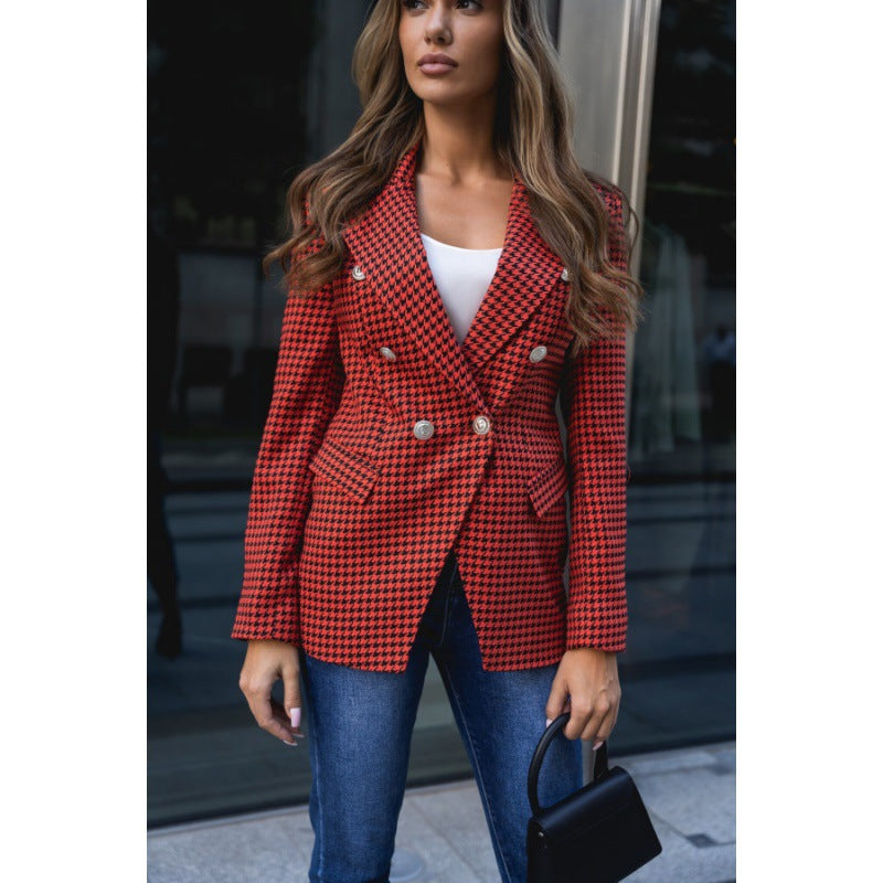 Damen Chic kariertes Blazerjackett mit doppelter Knopfreihe und taillierter Silhouette Drune